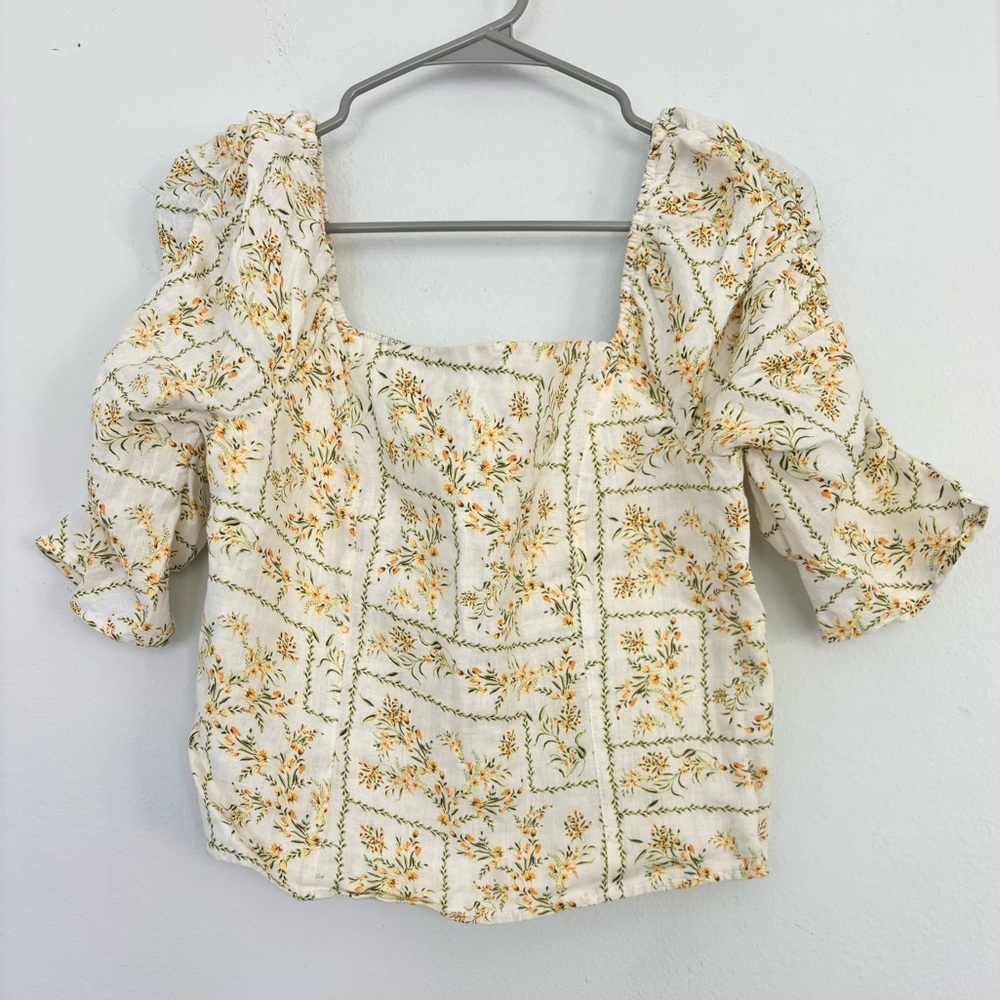Joie Cream Floral Square-Neck Puff Sleeve Blouse